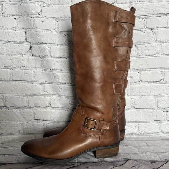 ARTURO CHIANG Brown Leather Tall Heeled Boots Riding Size 9 Stacked Heel - Picture 4 of 11